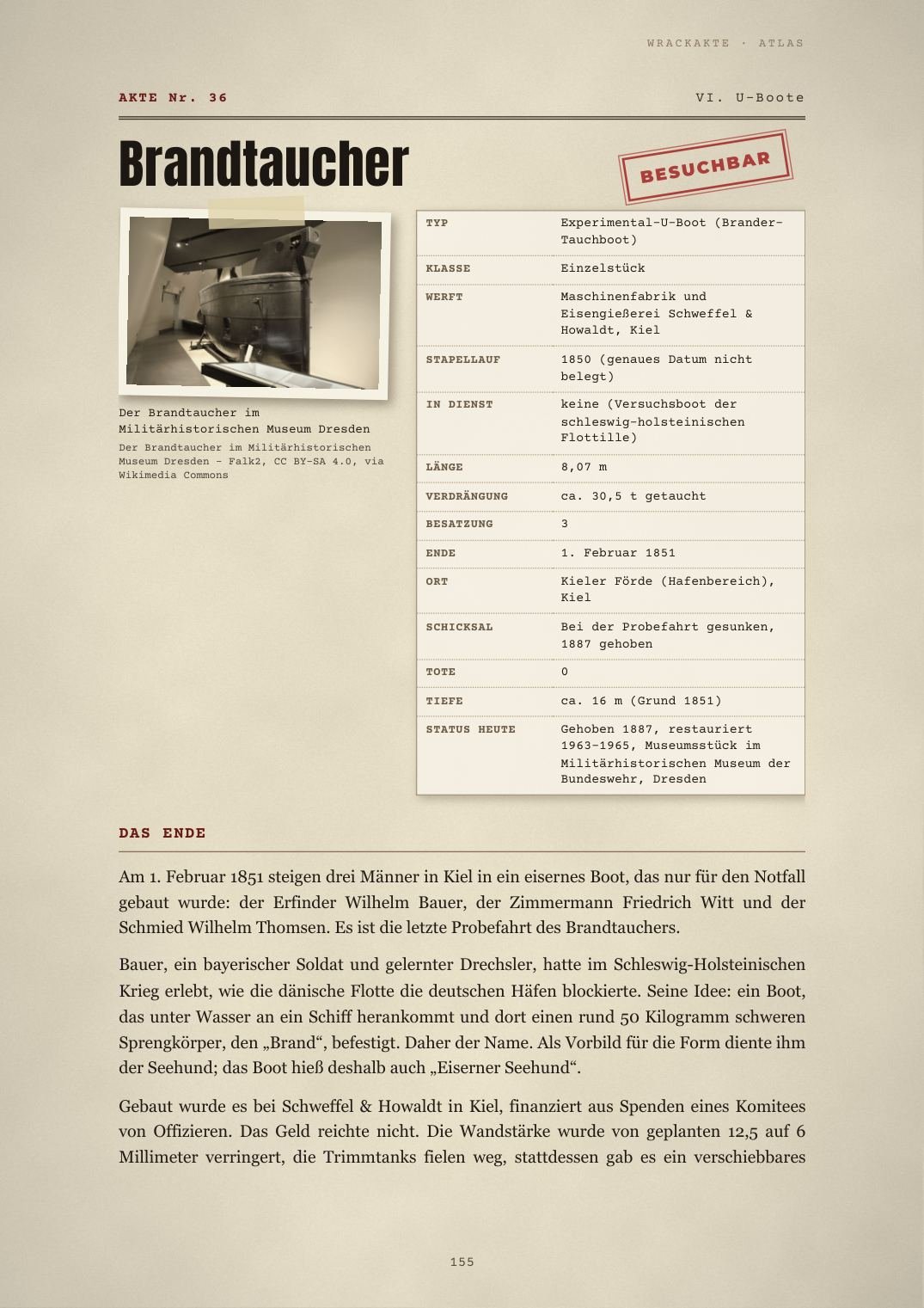 Atlas-Seite mit Steckbrief des Brandtauchers (Akte 36)